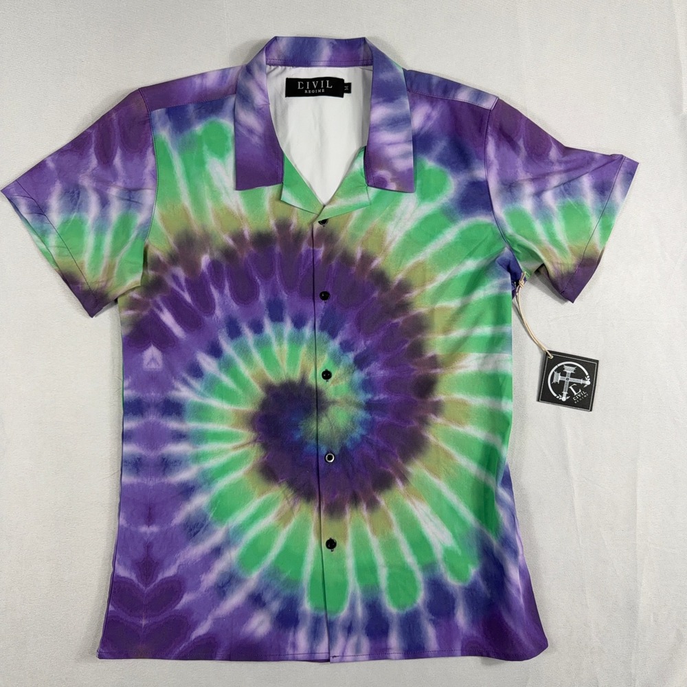 Civil Regime Button Down Shirt Purple Green Tie Dye Streetwear Mens Size M NWT